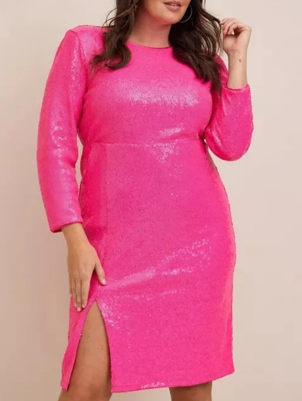 Torrid Hot Pink Sequin Long Sleeve At The Knee Strong Shoulder Midi Dress 22 NWT